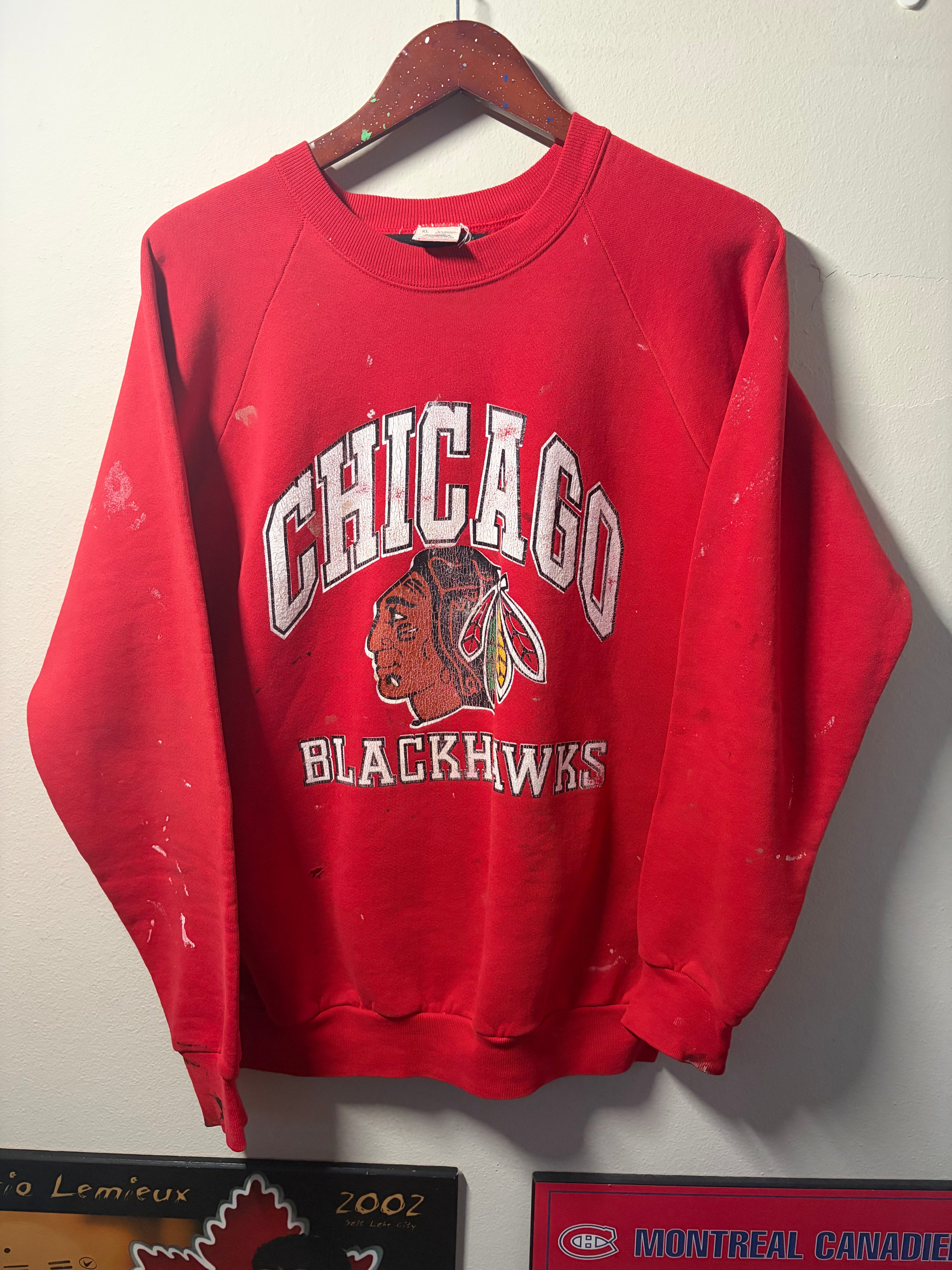 Vintage Blackhawks Painted/Distressed Crewneck Sweater (XL)