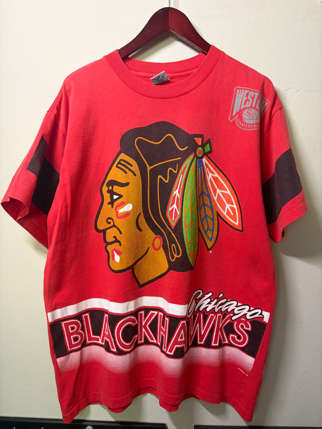 Vintage Blackhawks Salem Sportswear AOP T Shirt (L)